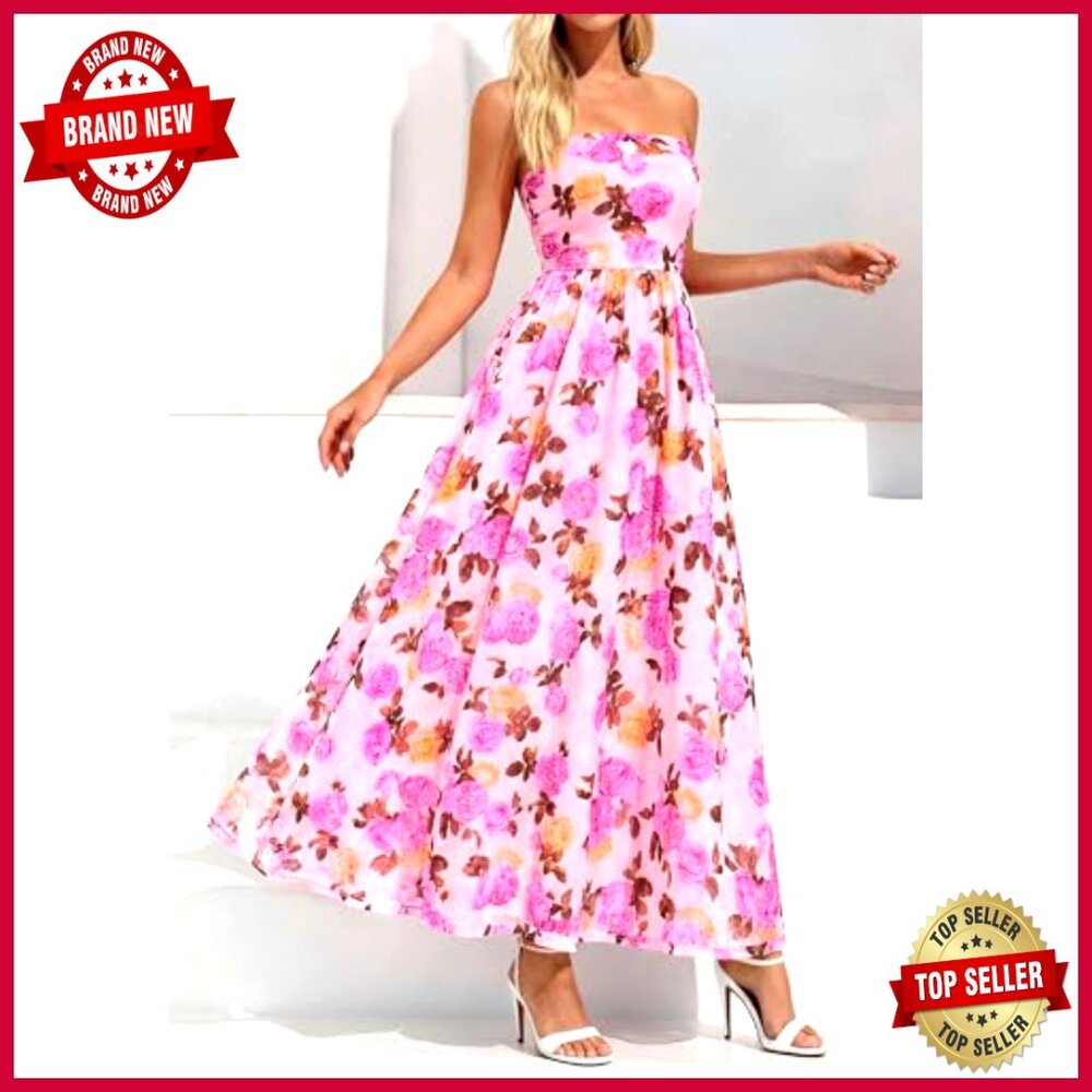 Strapless Maxi Dress Floral Tube Top Ruched Beach Wedding Guest Long - Picture 3 of 7